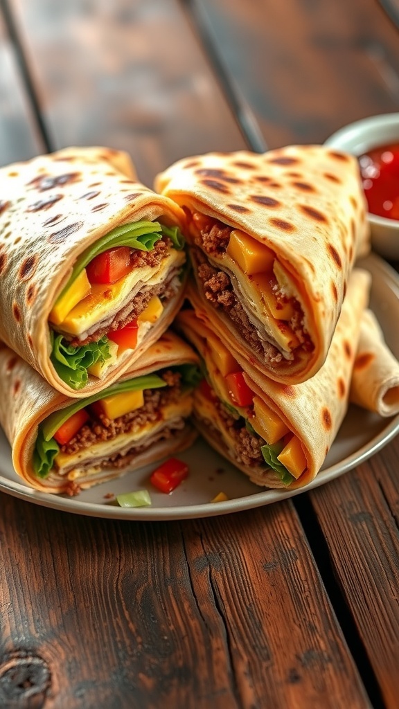 A delicious giant crunchwrap supreme cut in half, showcasing cheese, lettuce, and tomatoes, with sour cream and salsa on the side.